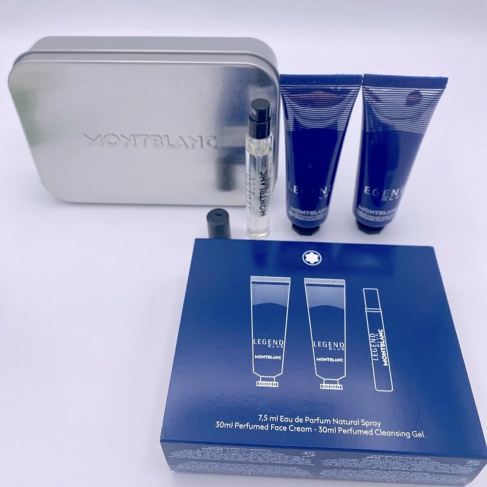 Montblanc Legend Blue Gift Set-Metal Box,Spray 7.5ml&Cream&Cleanser 30ml-3pc-NEW
